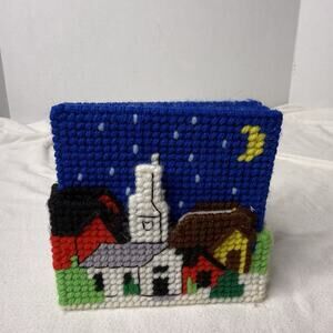 Vintage Plastic Canvas Coaster Set Village Church Scene Handmade Needlepoint